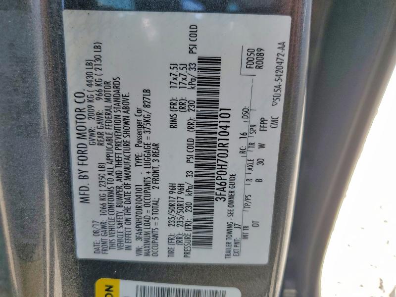 2018 Ford Fusion მანქანა იყიდება აუქციონზე, vin: 3FA6P0H70JR104101, აუქციონის ნომერი: 61213576