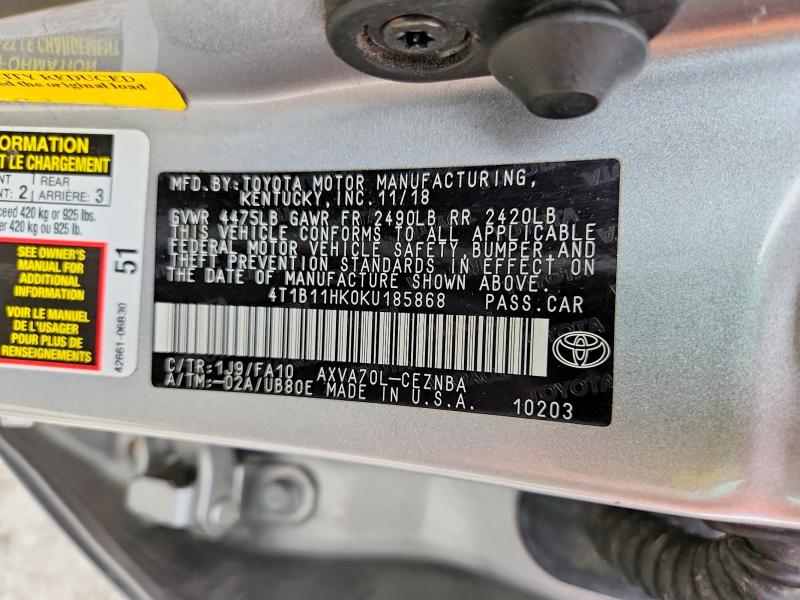 2019 Toyota Camry მანქანა იყიდება აუქციონზე, vin: 4T1B11HK0KU185868, აუქციონის ნომერი: 61024846