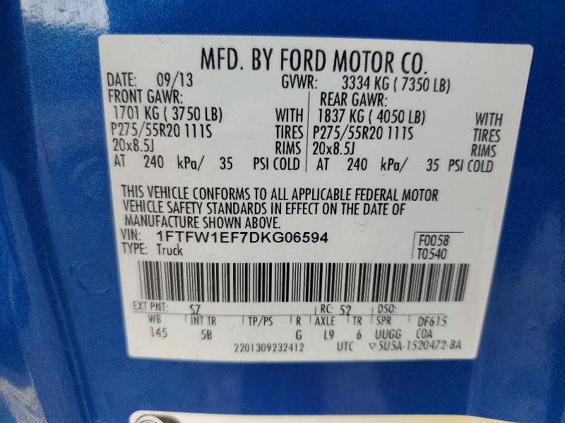 2013 Ford F150 მანქანა იყიდება აუქციონზე, vin: 1FTFW1EF7DKG06594, აუქციონის ნომერი: 61734896