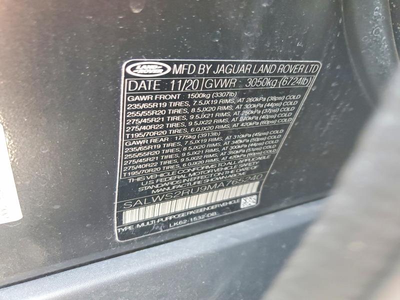 61380086 :رقم المزاد ، SALWS2RU9MA765240 vin ، 2021 Land Rover Range Rover Sport مزاد بيع