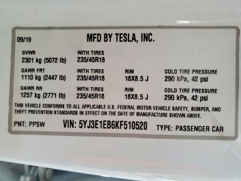 62822886 :رقم المزاد ، 5YJ3E1EB6KF510520 vin ، 2019 Tesla Model 3 مزاد بيع