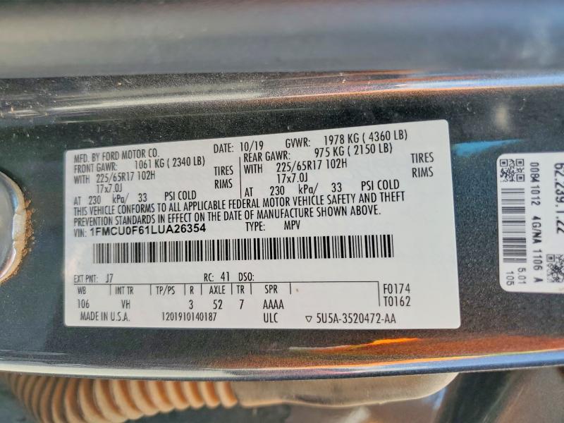 2020 Ford Escape მანქანა იყიდება აუქციონზე, vin: 1FMCU0F61LUA26354, აუქციონის ნომერი: 60270846