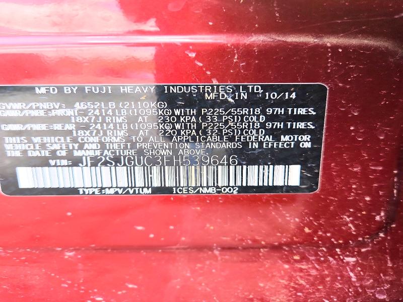 2015 Subaru Forester მანქანა იყიდება აუქციონზე, vin: JF2SJGUC3FH539646, აუქციონის ნომერი: 61407426