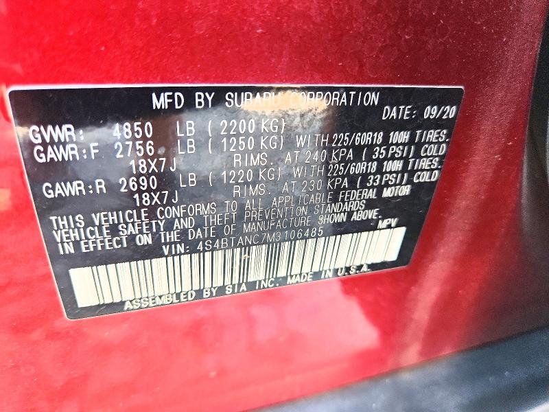Aukcja sprzedaży 2021 Subaru Outback, vin: 4S4BTANC7M3106485, numer aukcji: 60131376