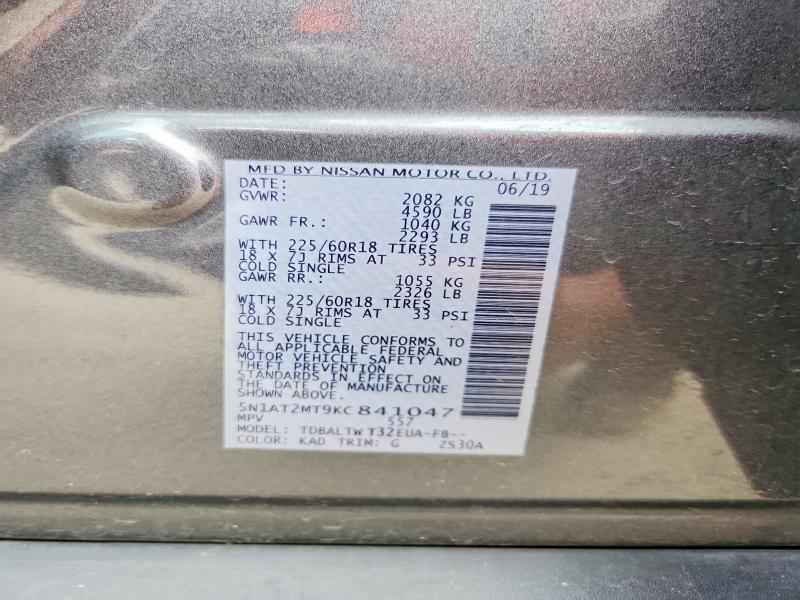 2019 Nissan Rogue მანქანა იყიდება აუქციონზე, vin: 5N1AT2MT9KC841047, აუქციონის ნომერი: 61428346