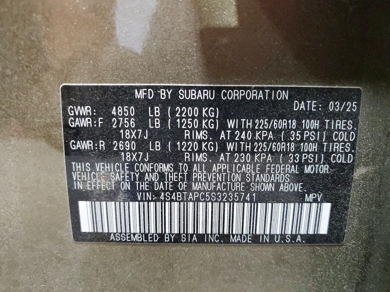 Aukcja sprzedaży 2025 Subaru Outback, vin: 4S4BTAPC5S3235741, numer aukcji: 61445226