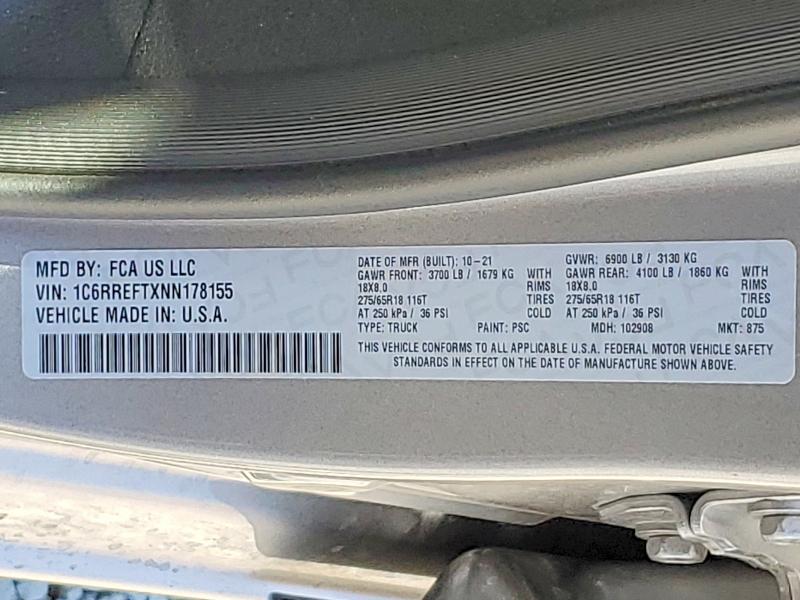 Продажа на аукционе авто 2022 Ram 1500, vin: 1C6RREFTXNN178155, номер лота: 62876796
