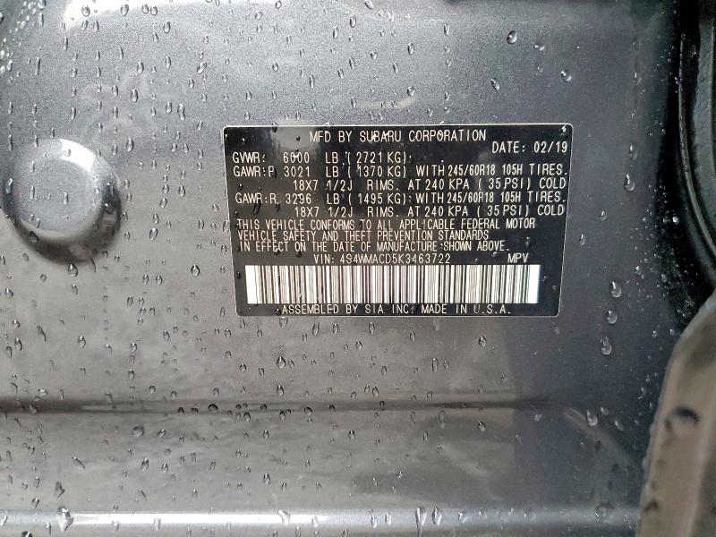 Продаж на аукціоні авто 2019 Subaru Ascent, vin: 4S4WMACD5K3463722, номер лоту: 62499306