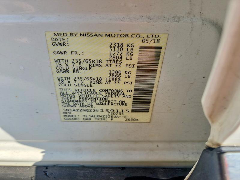 2018 Nissan Murano მანქანა იყიდება აუქციონზე, vin: 5N1AZ2MG2JN159115, აუქციონის ნომერი: 73344085