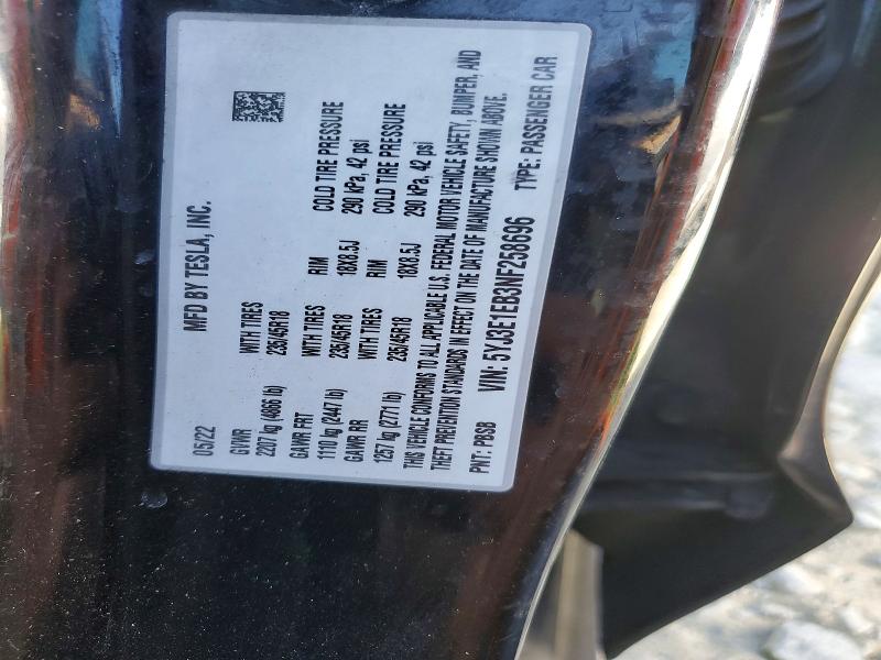 63189876 :رقم المزاد ، 5YJ3E1EB3NF258696 vin ، 2022 Tesla Model 3 مزاد بيع