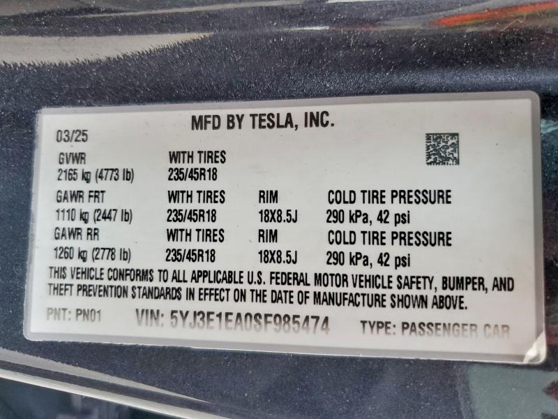 62805626 :رقم المزاد ، 5YJ3E1EA0SF985474 vin ، 2025 Tesla Model 3 مزاد بيع