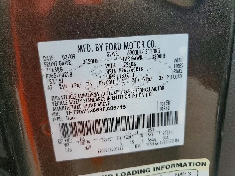 61537586 :رقم المزاد ، 1FTRW12869FA86715 vin ، 2009 Ford F150 مزاد بيع