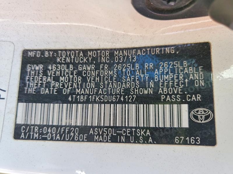 Aukcja sprzedaży 2013 Toyota Camry, vin: 4T1BF1FK5DU674127, numer aukcji: 62285446
