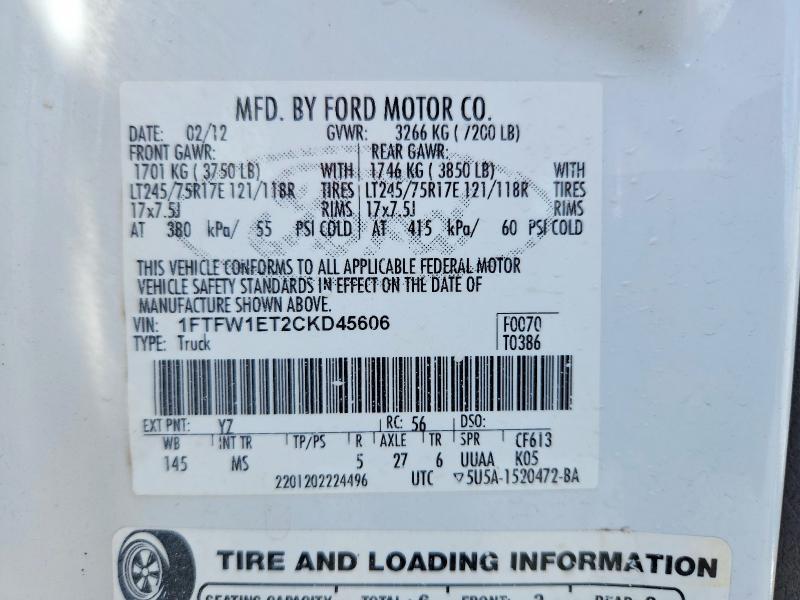 60157446 :رقم المزاد ، 1FTFW1ET2CKD45606 vin ، 2012 Ford F150 مزاد بيع