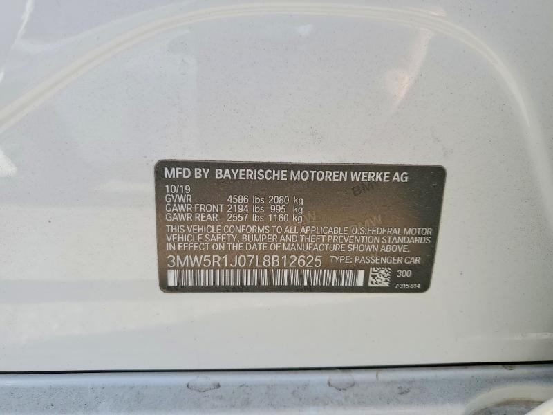 2020 Bmw 330i მანქანა იყიდება აუქციონზე, vin: 3MW5R1J07L8B12625, აუქციონის ნომერი: 58425616