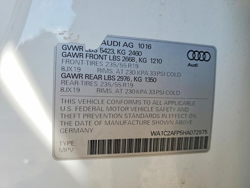 2017 Audi Q5 მანქანა იყიდება აუქციონზე, vin: WA1C2AFP5HA072975, აუქციონის ნომერი: 58906996
