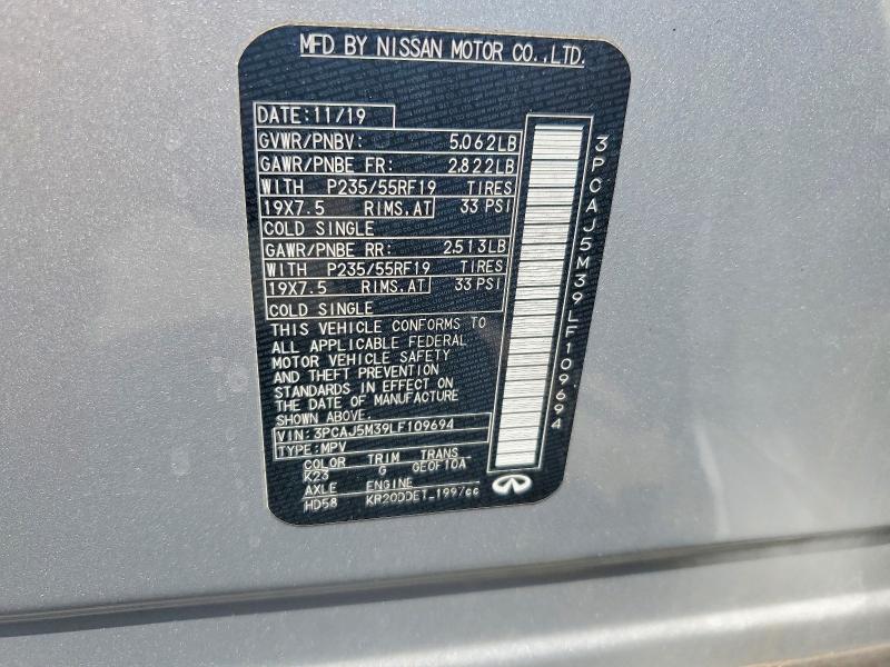 59348956 :رقم المزاد ، 3PCAJ5M39LF109694 vin ، 2020 Infiniti Qx5 مزاد بيع