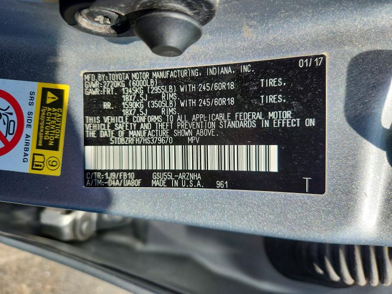 Продаж на аукціоні авто 2017 Toyota Highlander, vin: 5TDBZRFH7HS379670, номер лоту: 62028316