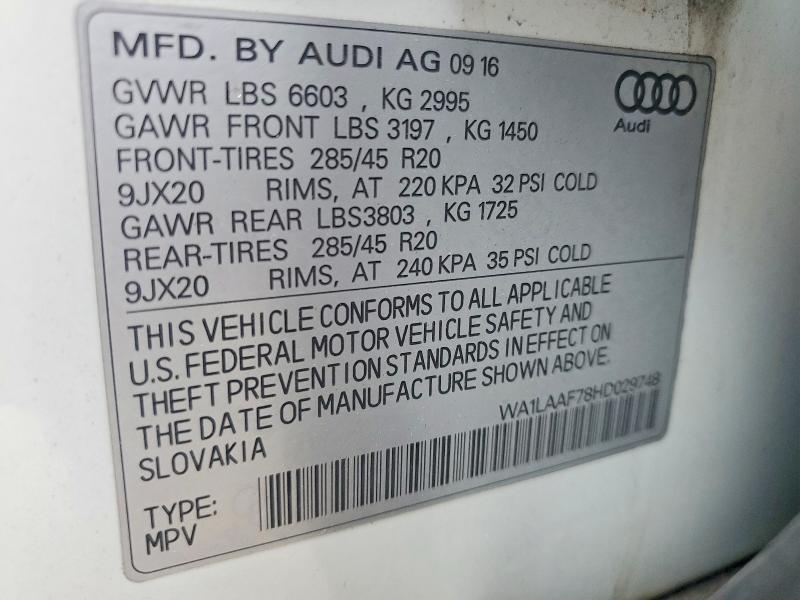 2017 Audi Q7 მანქანა იყიდება აუქციონზე, vin: WA1LAAF78HD029748, აუქციონის ნომერი: 59794136