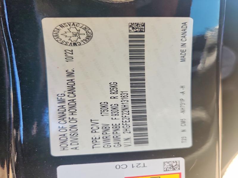 61617096 :رقم المزاد ، 2HGFE2F22NH131631 vin ، 2022 Honda Civic مزاد بيع