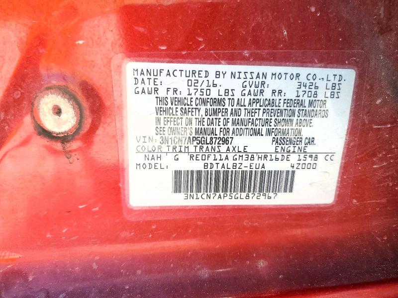 Продаж на аукціоні авто 2016 Nissan Versa, vin: 3N1CN7AP5GL872967, номер лоту: 61109036