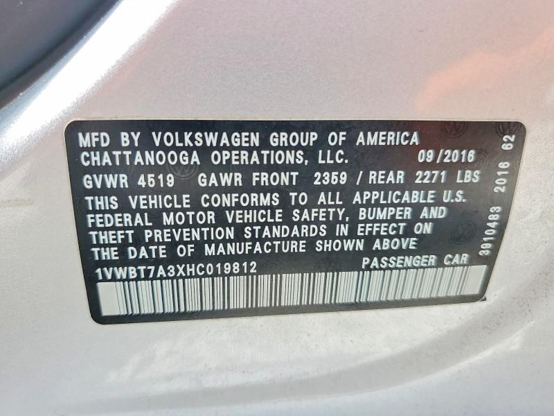 Продажа на аукционе авто 2017 Volkswagen Passat, vin: 1VWBT7A3XHC019812, номер лота: 62073026