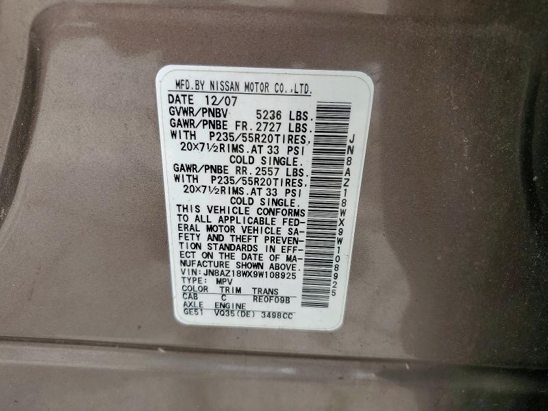 Продаж на аукціоні авто 2009 Nissan Murano, vin: JN8AZ18WX9W108925, номер лоту: 62579036