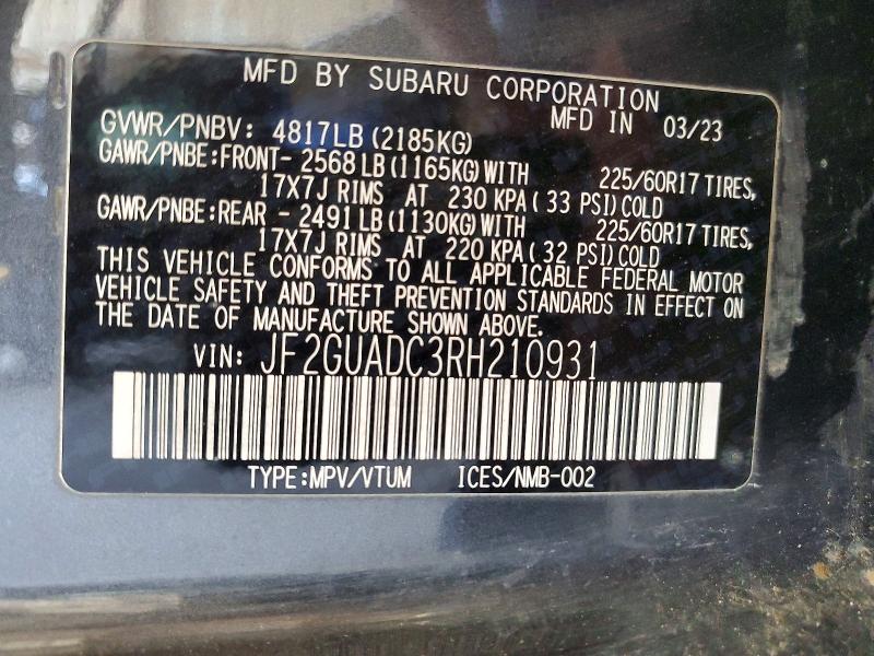 2024 Subaru Crosstrek მანქანა იყიდება აუქციონზე, vin: JF2GUADC3RH210931, აუქციონის ნომერი: 61398166