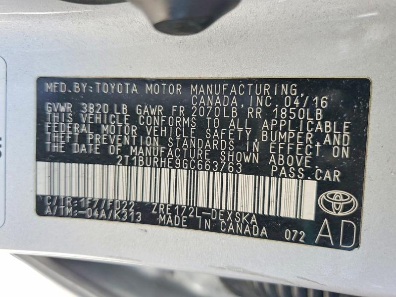 Продаж на аукціоні авто 2016 Toyota Corolla, vin: 2T1BURHE9GC663763, номер лоту: 59848226