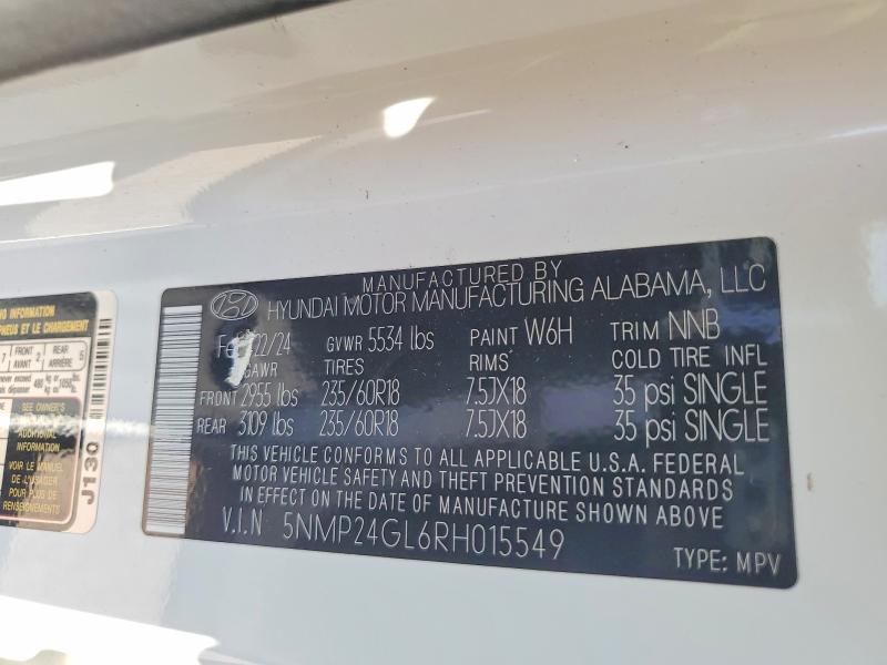 2024 Hyundai Santa Fe მანქანა იყიდება აუქციონზე, vin: 5NMP24GL6RH015549, აუქციონის ნომერი: 63334686