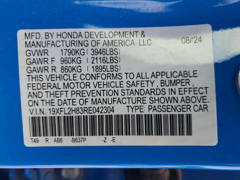 Продажа на аукционе авто 2024 Honda Civic, vin: 19XFL2H83RE042304, номер лота: 62052516