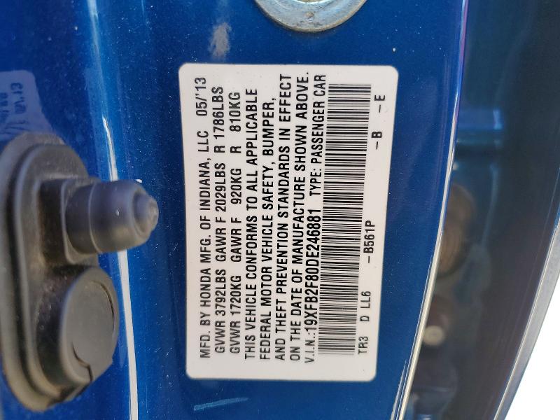 60180876 :رقم المزاد ، 19XFB2F80DE246881 vin ، 2013 Honda Civic مزاد بيع