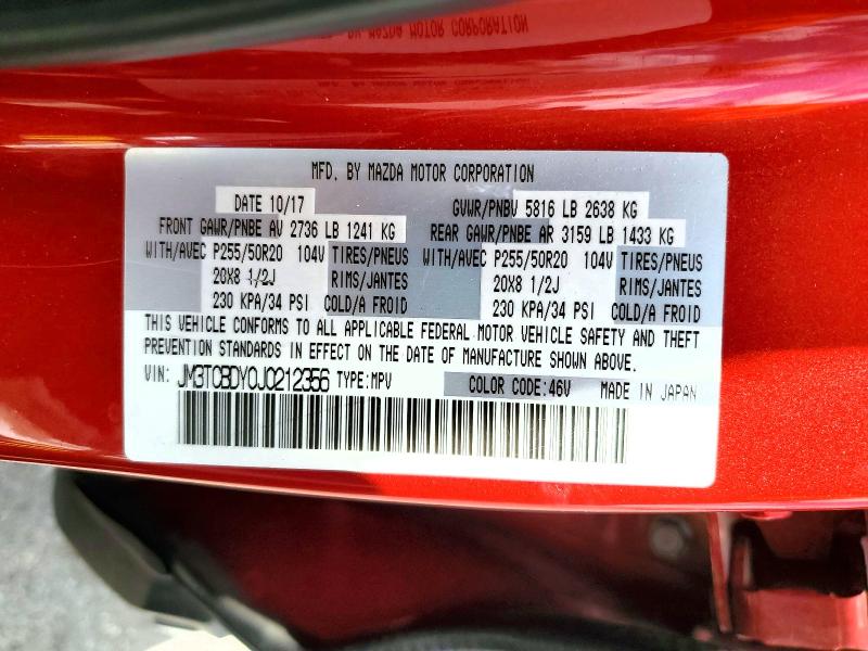61291136 :رقم المزاد ، JM3TCBDY0J0212356 vin ، 2018 Mazda Cx-9 مزاد بيع