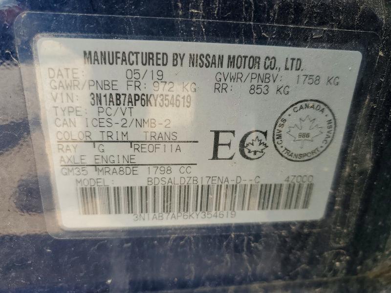 61508226 :رقم المزاد ، 3N1AB7AP6KY354619 vin ، 2019 Nissan Sentra مزاد بيع