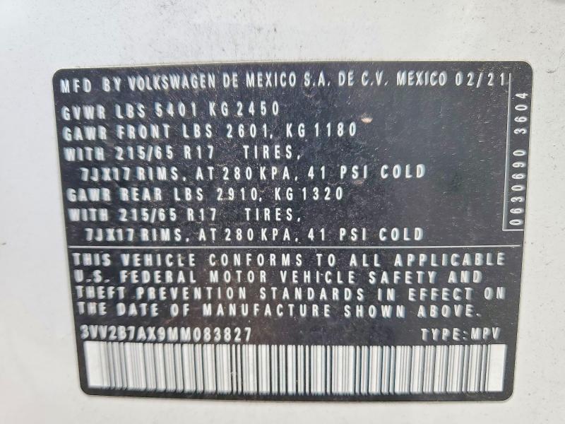 Aukcja sprzedaży 2021 Volkswagen Tiguan, vin: 3VV2B7AX9MM083827, numer aukcji: 60182796