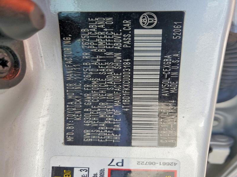 2012 Toyota Camry Hybrid მანქანა იყიდება აუქციონზე, vin: 4T1BD1FKXCU003184, აუქციონის ნომერი: 61863396