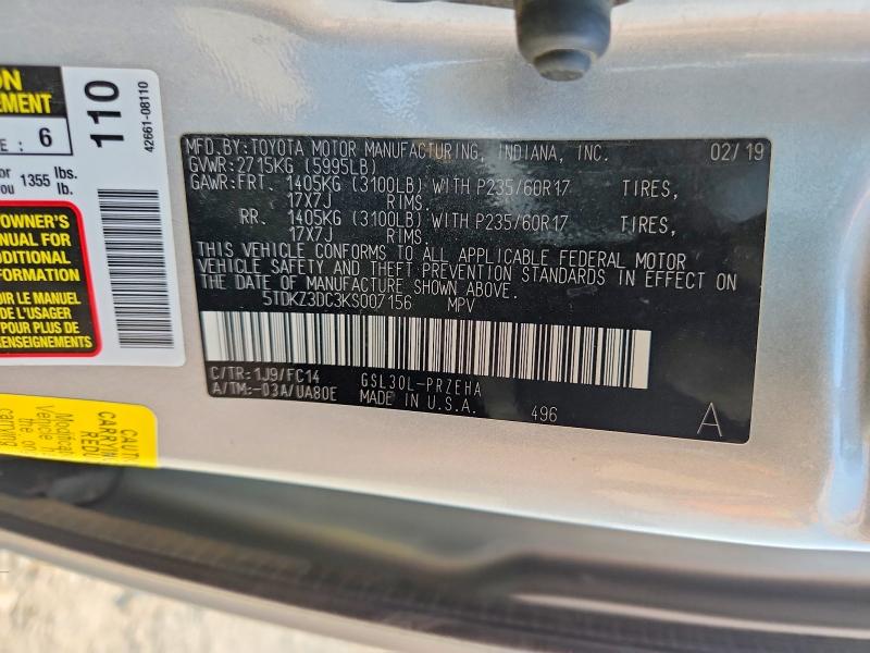 Продаж на аукціоні авто 2019 Toyota Sienna, vin: 5TDKZ3DC3KS007156, номер лоту: 60035576