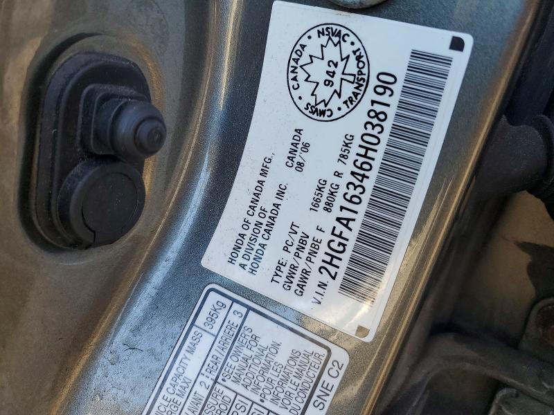 Продажа на аукционе авто 2006 Honda Civic, vin: 2HGFA16346H038190, номер лота: 58498016