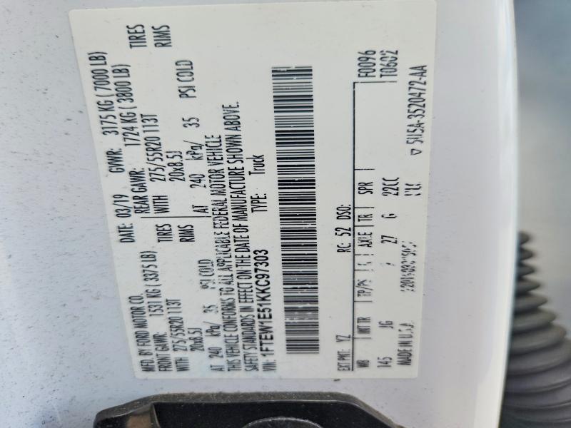 2019 Ford F150 მანქანა იყიდება აუქციონზე, vin: 1FTEW1E51KKC97303, აუქციონის ნომერი: 63360506