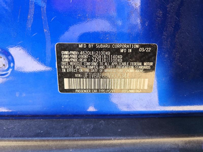 2022 Subaru Wrx მანქანა იყიდება აუქციონზე, vin: JF1VBAF68N9005344, აუქციონის ნომერი: 61060366