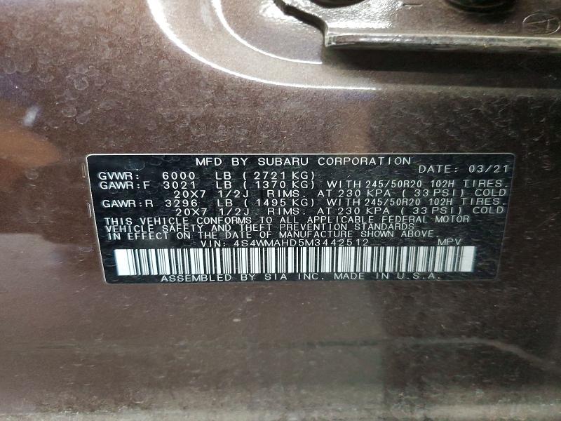 Продажа на аукционе авто 2021 Subaru Ascent, vin: 4S4WMAHD5M3442512, номер лота: 62008746