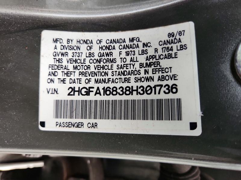 Aukcja sprzedaży 2008 Honda Civic, vin: 2HGFA16838H301736, numer aukcji: 61176776