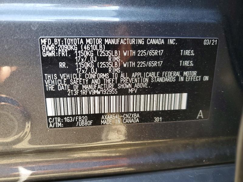 59249456 :رقم المزاد ، 2T3F1RFV9MW192955 vin ، 2021 Toyota Rav4 مزاد بيع