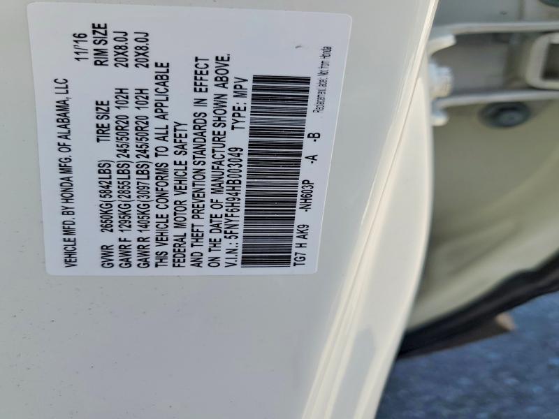 Продажа на аукционе авто 2017 Honda Pilot, vin: 5FNYF6H94HB003049, номер лота: 62723406