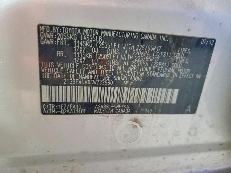 Продажа на аукционе авто 2012 Toyota Rav4, vin: 2T3BF4DVXCW233680, номер лота: 61887006