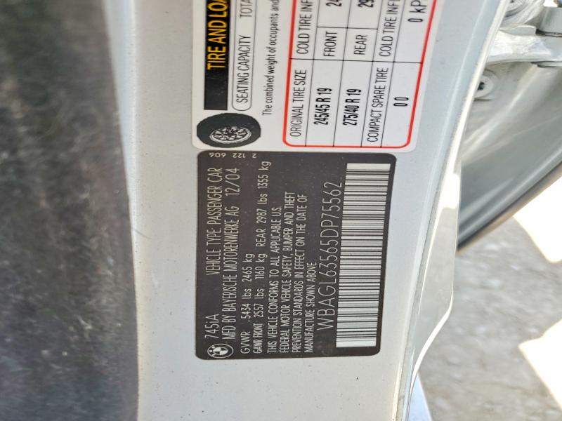 61593696 :رقم المزاد ، WBAGL63565DP75562 vin ، 2005 Bmw 745 مزاد بيع