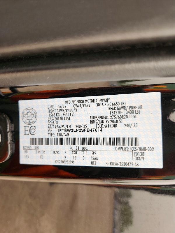 2025 Ford F150 მანქანა იყიდება აუქციონზე, vin: 1FTEW3LP2SFB47614, აუქციონის ნომერი: 60222216