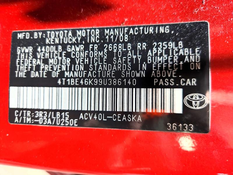 Продаж на аукціоні авто 2009 Toyota Camry, vin: 4T1BE46K99U386140, номер лоту: 85770515