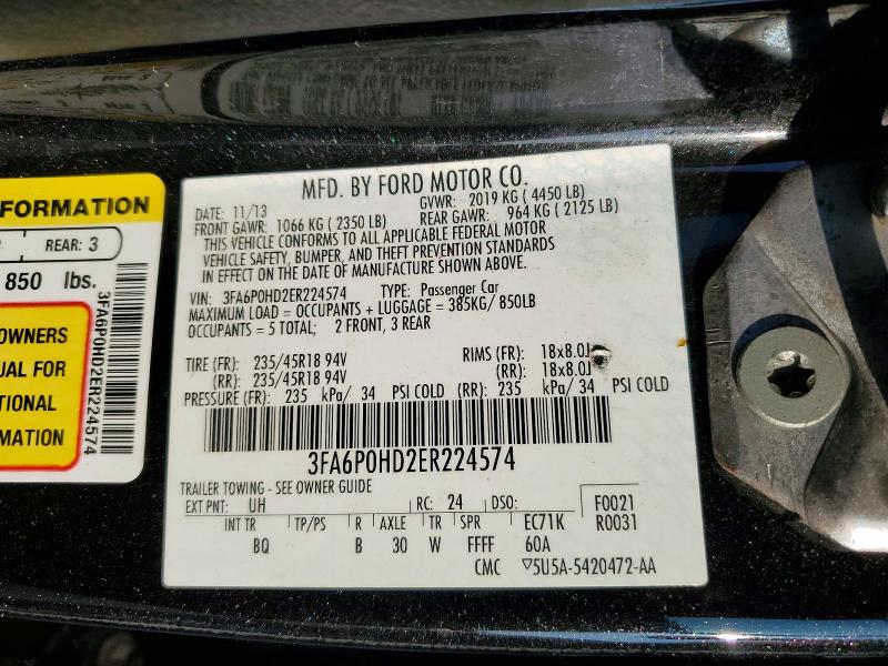 2014 Ford Fusion მანქანა იყიდება აუქციონზე, vin: 3FA6P0HD2ER224574, აუქციონის ნომერი: 56871506