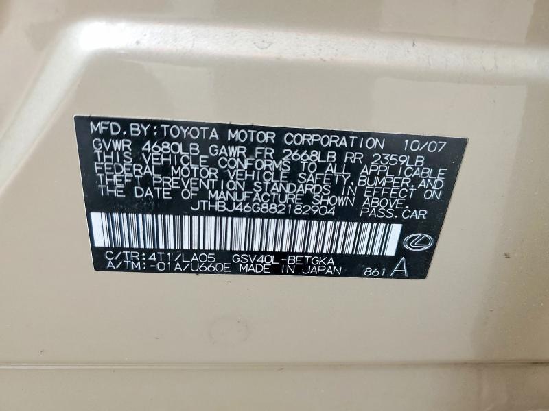 2008 Lexus Es მანქანა იყიდება აუქციონზე, vin: JTHBJ46G882182904, აუქციონის ნომერი: 61053556